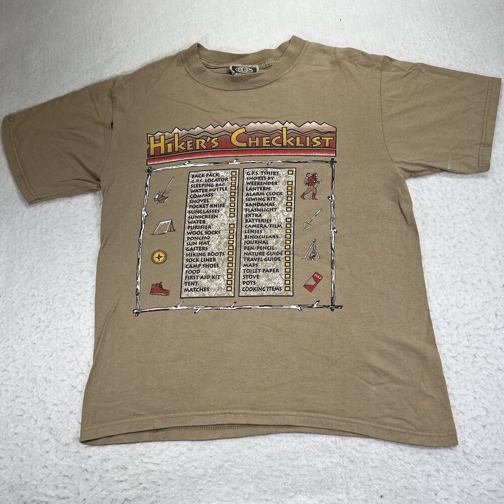 Vintage G.P.S Global Tracking Men's Medium Hiker's Checklist Graphic T Shirt USA